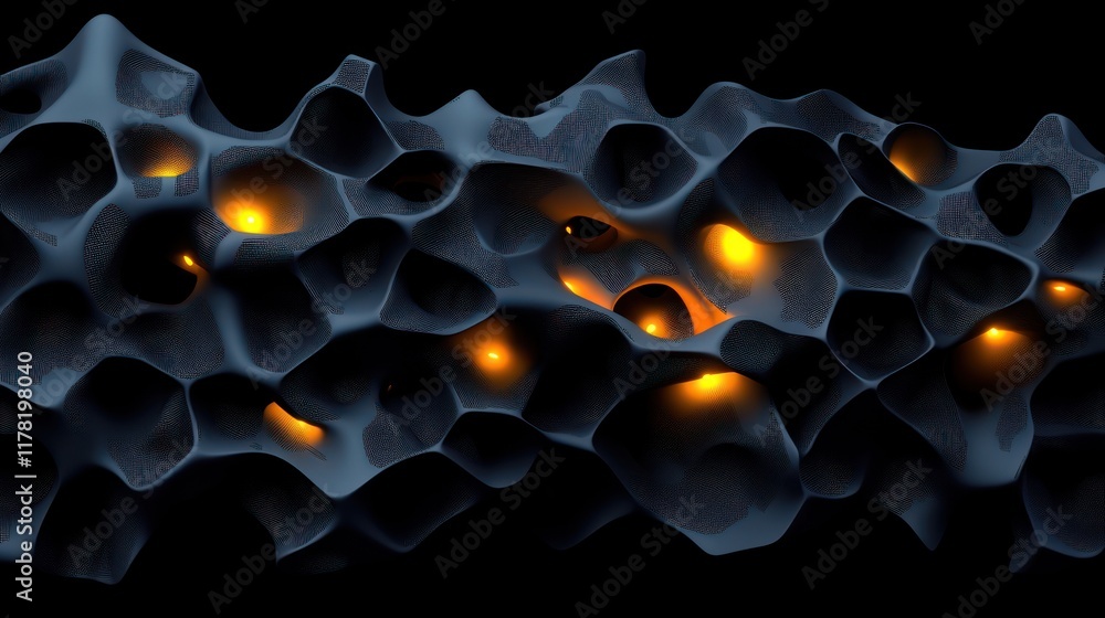 Poster abstract representation of a textured surface with glowing elements.
