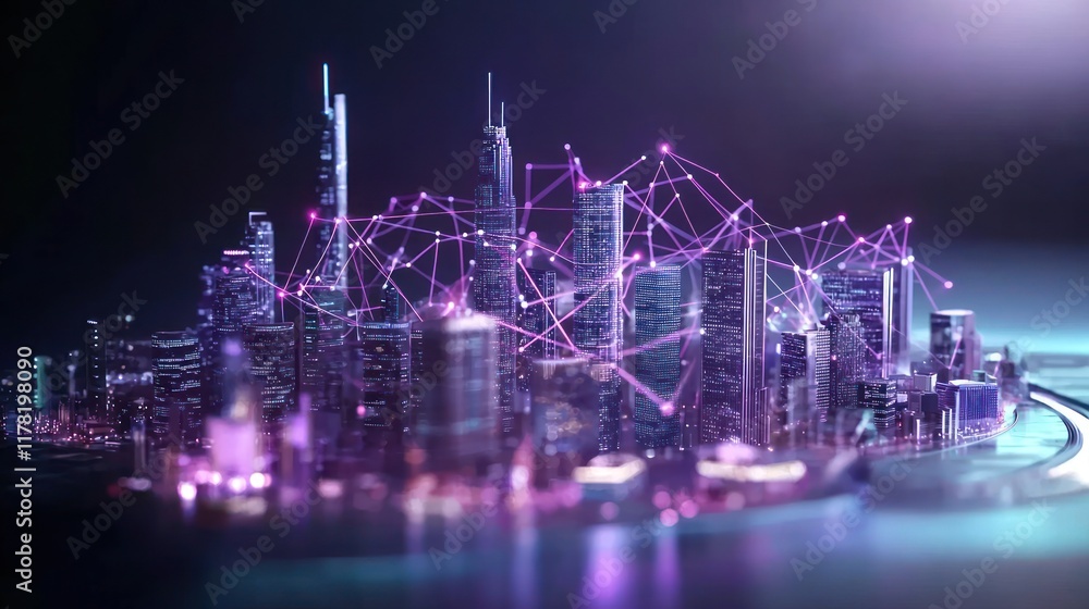 Poster futuristic cityscape connected by digital networks and data flow.