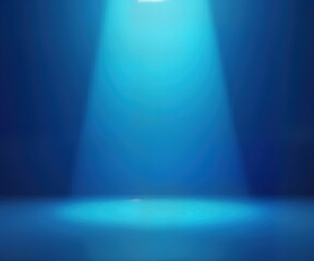 Empty blue room with gradient blue walls, floor. Spotlight highlights central area. Ideal for products business presentations. Modern, minimalist interior design. Suitable for websites promotional