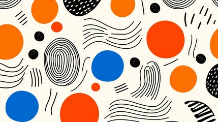 Playful abstract line doodles with vibrant pops of color, seamless pattern ideal for kids' products, evoking creativity and fun