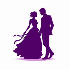 Fototapeta premium Couple holding hands in holiday outfits, purple silhouette, romance