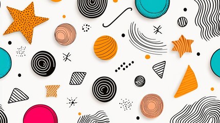 Playful abstract line doodles with vibrant pops of color, seamless pattern ideal for kids' products, evoking creativity and fun