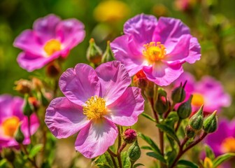 Fototapeta premium Vibrant Rock Rose Cistus Flowers in a Wild Meadow, Candid Close-Up Shot