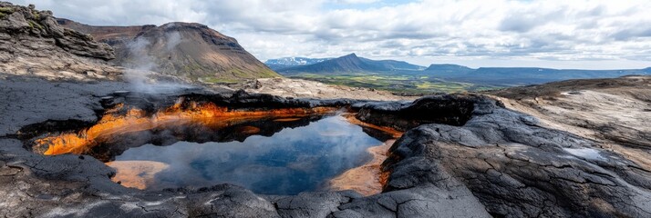 Fototapeta premium A volcanic caldera with bubbling hot springs surrounded by rugged terrain