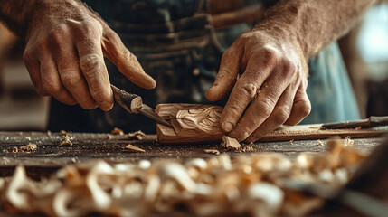 A detailed close-up of a craftsmans hands, skillfully carving a piece of wood, with tools and shavings creating a dynamic and artistic environment. 