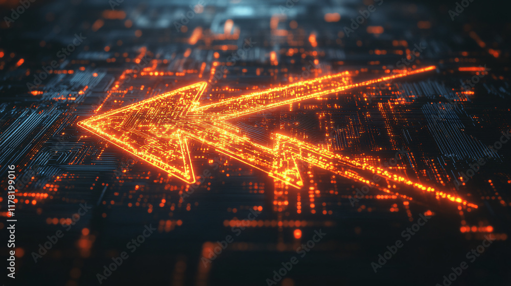 Poster a digital representation of an arrow made from circuit patterns, glowing brightly against a dark bac