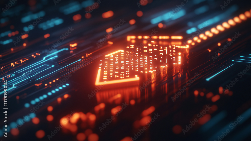 Poster a digital representation of an arrow made from circuit patterns, glowing brightly against a dark bac