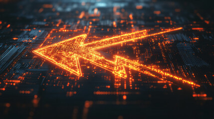 Fototapeta premium A digital representation of an arrow made from circuit patterns, glowing brightly against a dark background, symbolizing technology and progress. 