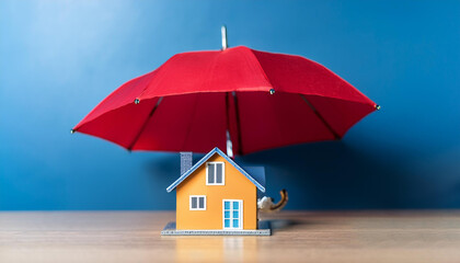 a colorful house under a red umbrella symbolizes protection and security in real estate and insurance concepts perfect for home insurance or mortgage services