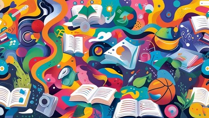 Obraz premium An abstract representation of diverse interests. Showing a fusion of modern abstract and playful illustration, with a sense of movement and excitement, capturing the joy of pursuing passions.