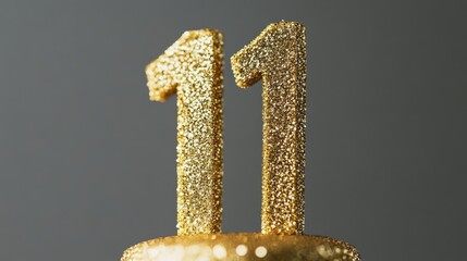 Gold glitter number eleven candle on cake.