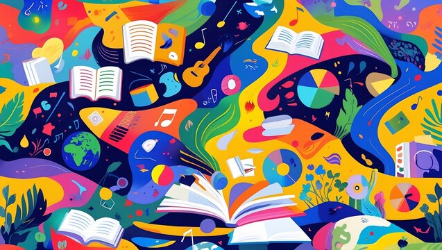 An abstract representation of diverse interests. Showing a fusion of modern abstract and playful illustration, with a sense of movement and excitement, capturing the joy of pursuing passions.