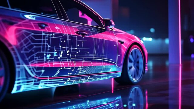 A futuristic electric vehicle captivates with groundbreaking tech, a vibrant cyber aesthetic, and a neonlit atmosphere, showcasing an engineering marvel representing the future of personal mobility