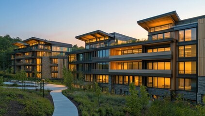 Obraz premium Modern luxury apartments at dusk, showcasing architectural design, landscaping, and outdoor walkway.