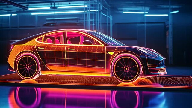 A futuristic electric vehicle captivates with groundbreaking tech, a vibrant cyber aesthetic, and a neonlit atmosphere, showcasing an engineering marvel representing the future of personal mobility