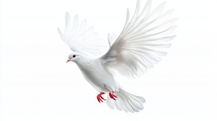 Fototapeta premium Dynamic white dove soaring, wings open in action pose, ultra-realistic texture, isolated on white background