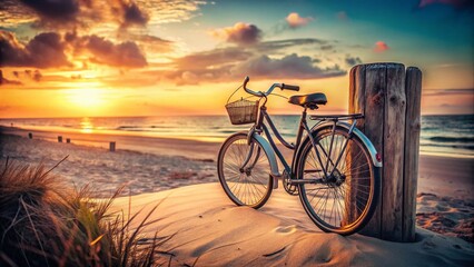 Fototapeta premium Vintage Bicycle on Sandy Beach, Coastal Summer Scene, Sunlit Seascape, Oceanside Cycling