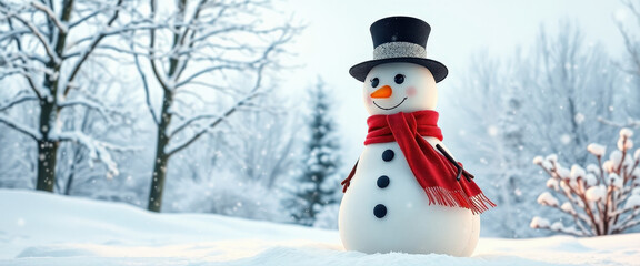 Charming Snowman in a Winter Wonderland with Snow-Covered Trees