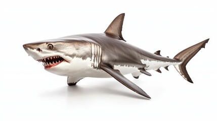 Obraz premium Fierce shark with intense eyes, mouth open, teeth sharp, isolated on a clean white background, perfect for high-impact advertising
