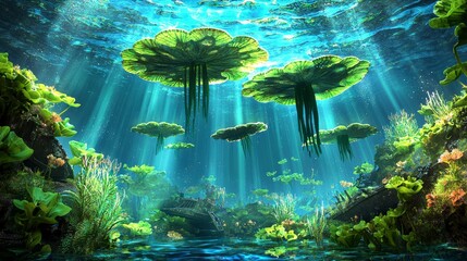Lush Underwater Scene with Sunlight Filtering Through Water and Vibrant Lily Pads and Marine Life