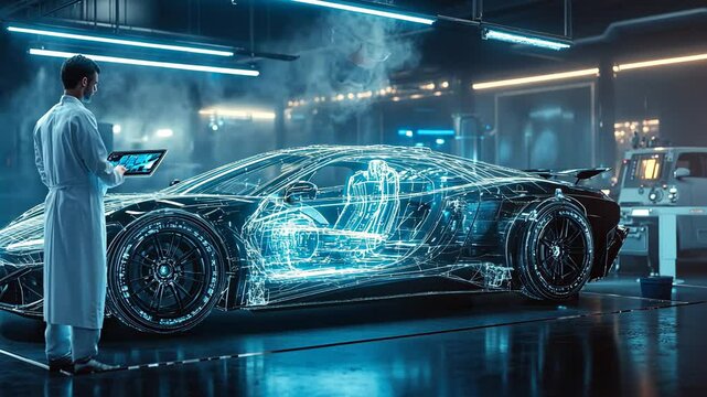 A male engineer is actively exploring and experimenting with futuristic technology within a cuttingedge advanced car design laboratory, focusing on the next generation of automotive innovations