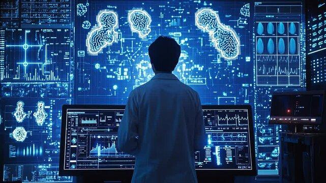 A skilled female scientist works in a hightech lab, analyzing complex data with advanced technology, crucial for advancing her impactful biomedical research in various innovative fields