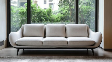Modern beige fabric sofa with curved arms and black legs in bright living room.