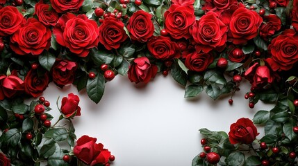 Red roses and berries frame on white background, ideal for Valentine's Day designs
