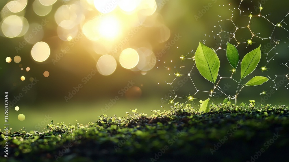 Poster fresh green leaves growing in soil with light bokeh and abstract molecular background for nature and