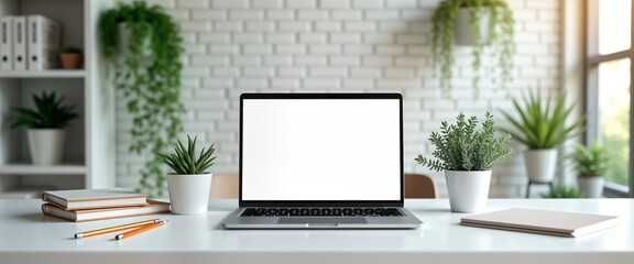 Modern workplace mockup shows laptop on white table with plants. Empty screen on device. Blank notebook, pencils on desk. Stylish home office space with plants. Minimalist design with white walls,
