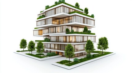 blueprint-style hand sketch, modern residential building with green areas, urban development concept, sustainable layout, isolated on white background