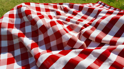 Fototapeta premium Cheery checkered picnic blanket on a sunny day, evoking a warm and inviting atmosphere for summer picnics and outdoor events.