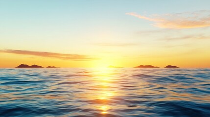 Fototapeta premium Serene sunset over calm ocean waters with distant islands.