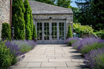 Fototapeta premium Lavender path leads to a charming stone building surrounded by lush greenery and vibrant flowers in a tranquil outdoor setting