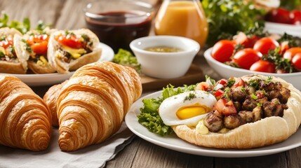 A delicious breakfast spread featuring croissants, salads, and eggs.