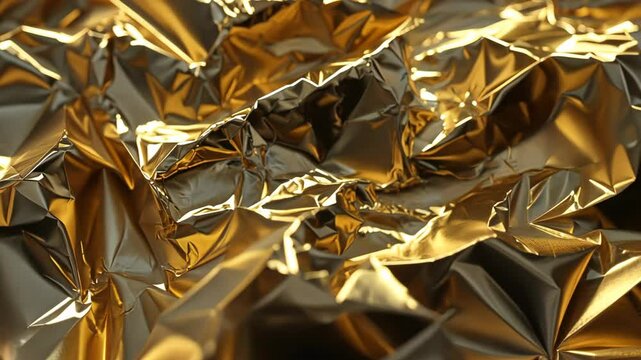 Textured golden foil creates a reflective surface showcasing intricate folds and creases