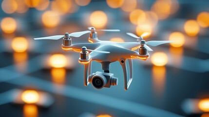 Drone and camera on sale display, spotlighted with clearance tags, tech promotion