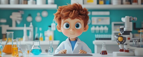 3D illustration of a curious boy in a chemistry laboratory, wearing a lab coat, surrounded by educational materials, perfect for childrens science projects and STEMrelated content