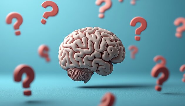 Anxious 3D cartoon brain surrounded by floating question marks, illustrating confusion, mental stress, and problemsolving, perfect for anxietyrelated imagery