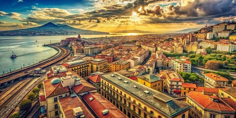 Naklejka premium Vintage Naples Panorama: Aerial View of City & Railway Station
