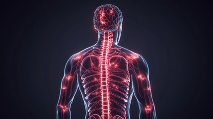 Nervous system, brain and spinal cord highlighted, intricate neuron pathways, 3D illustration 