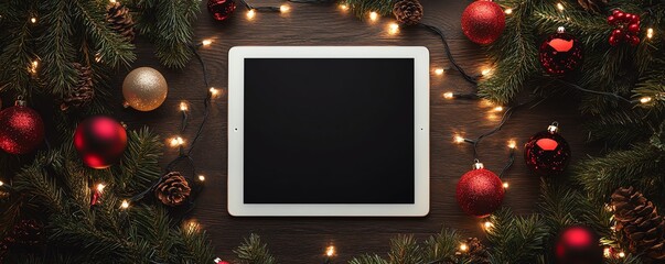 Blank tablet or iPad surrounded by glowing fairy lights, Christmas ornaments, and pine branches, evoking a festive holiday spirit, perfect for tech and seasonal designs