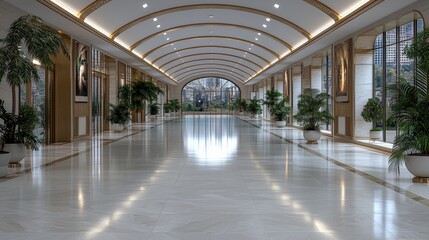 Naklejka premium Serene Hallway with Lush Greenery