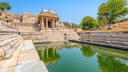 Obraz premium Ancient Heritage Site with Temple Architecture Surrounded by Calm Water and Lush Greenery in India