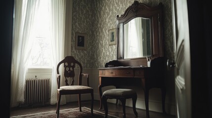 Fototapeta premium Antique vanity, chair, and mirror in vintage room.