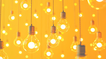 Yellow background with a bunch of light bulbs hanging from the ceiling.