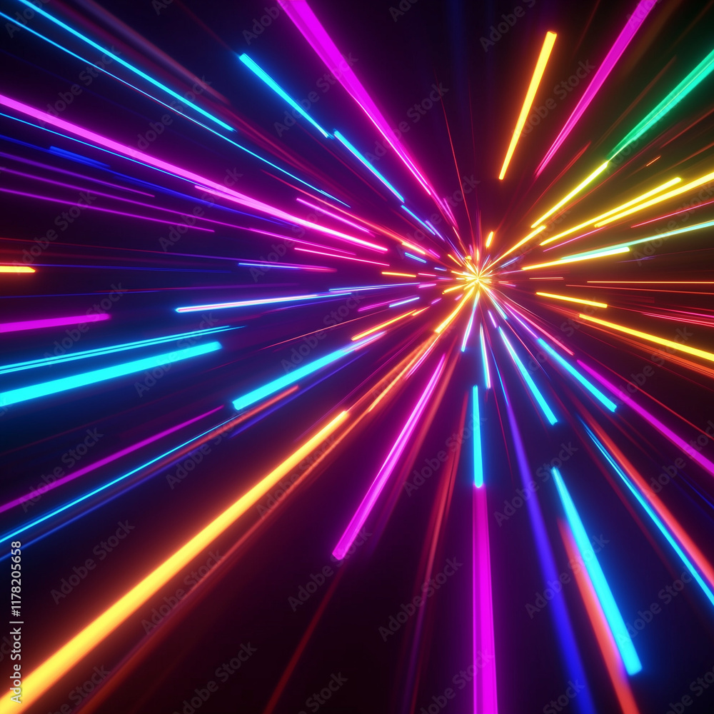 Poster 3d render, abstract background with colorful spectrum. bright neon rays and glowing lines.