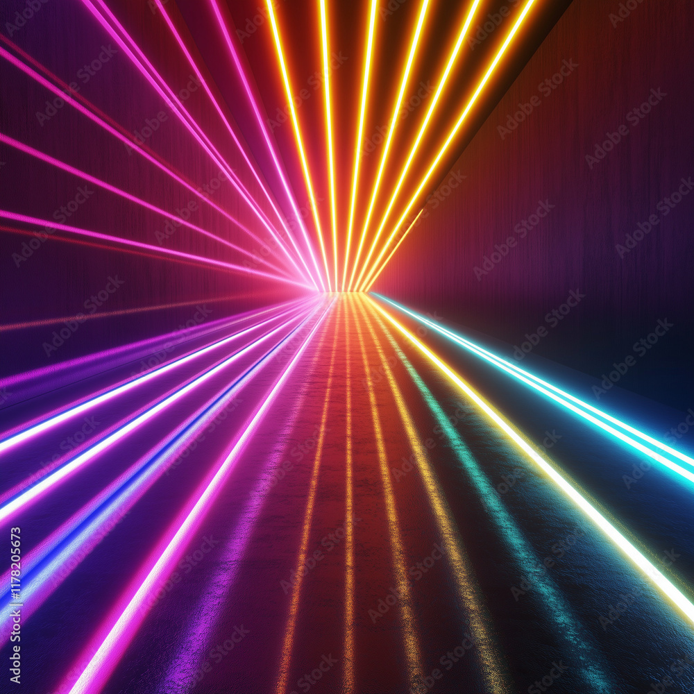 Poster 3d render, abstract background with colorful spectrum. bright neon rays and glowing lines.