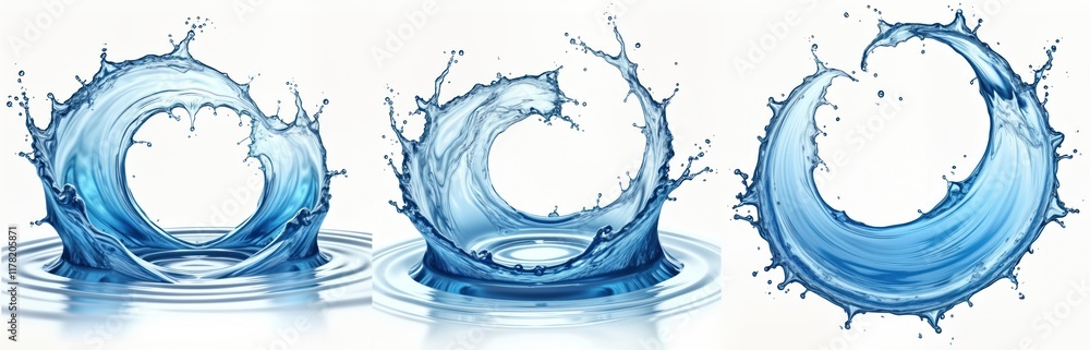 Poster abstract image of blue water splashes, swirls. dynamic liquid motion, flow. circular shapes created 