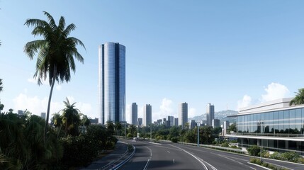 Naklejka premium Modern city skyline with a tall building and palm trees.